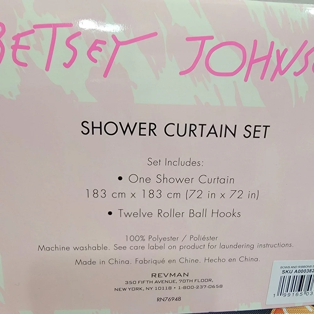 NEW Betsey Johnson Fabric SHOWER CURTAIN Wit HOOKS 72x72 Black Colorful Bows AOP
